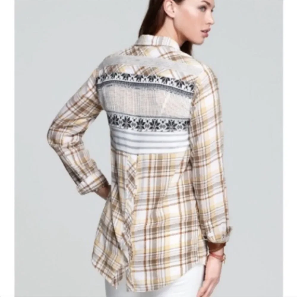 FREE PEOPLE | Park Ranger Plaid Button Down Top Knit Accents Women’s Size XS